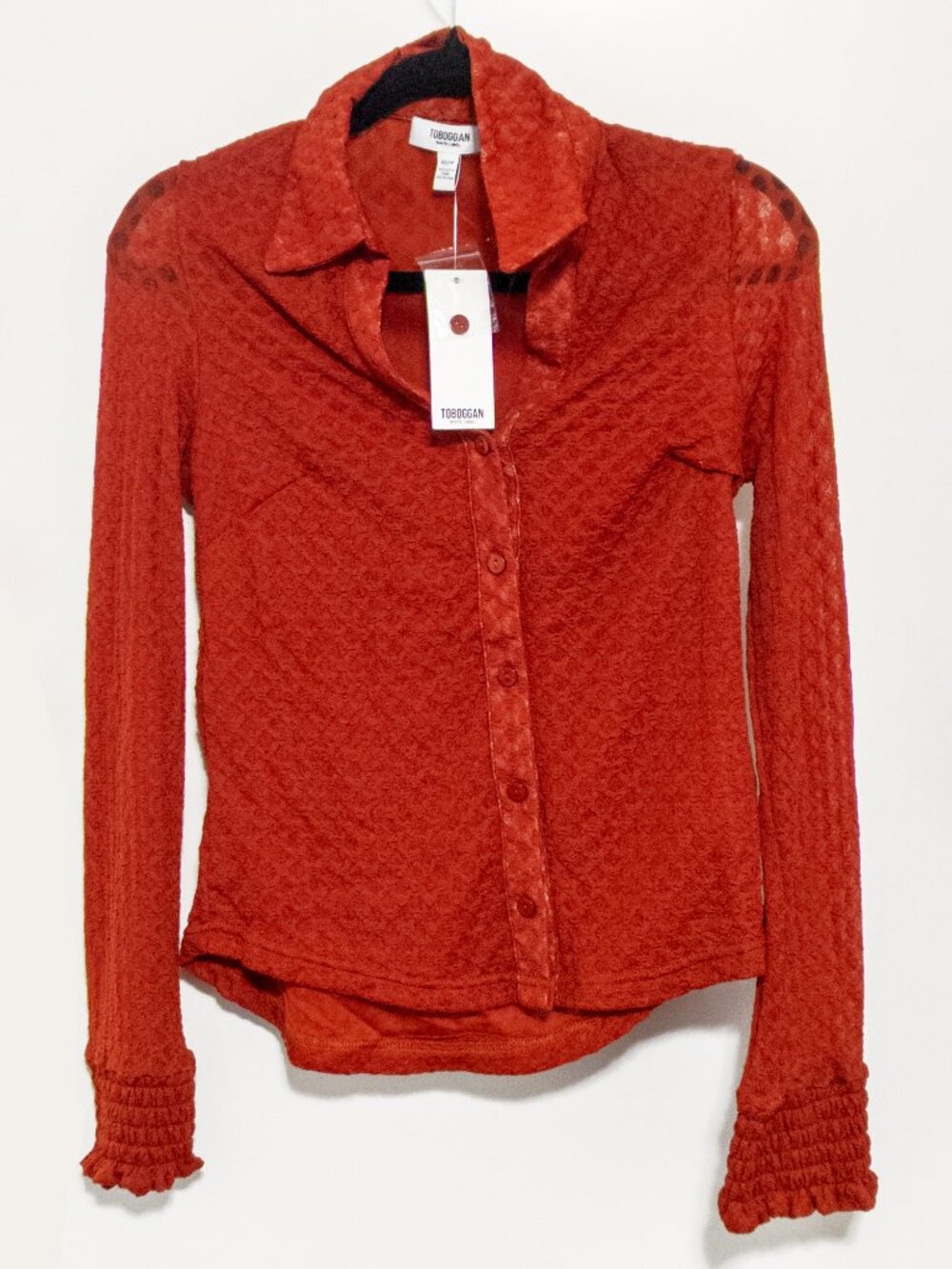 TOBOGGAN White Label Button Down Shirt XS Red Y2K Ruched Lace Stretch Boho NWT